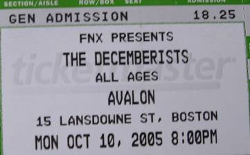 Picture of a ticket to the Decemberists' October 10 concert in Boston.