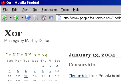 This website in January 2004, located somewhere else, under some other name, running some other kind of online publishing software, and displayed in Mozilla Firebird.