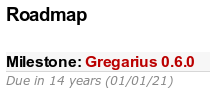 Screenshot of the Gregarius Roadmap. Claims that the 'due date' for Gregarius 0.6.0 is 14 years away!