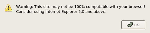 A JavaScript error dialog suggesting that a Flash-based website is only 'compatable' with Internet Explorer 5.0 and above.