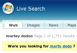 Windows Live Search suggests that searches for Martey Dodoo might want 'Marty Dodo' instead.