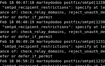 Messages from my server's mail log, explaining that my Postfix configuration is broken.