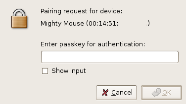 Bluetooth pairing authentication dialog for the Mighty Mouse.
