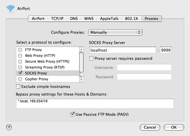 Configuring a SOCKS proxy in OS X 10.5's System Preferences.