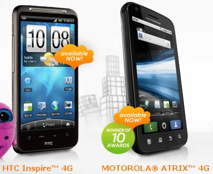 Picture of the HTC Inspire 4G and the Motorola Atrix 4G, AT&T's currently available 4G Android smartphones.